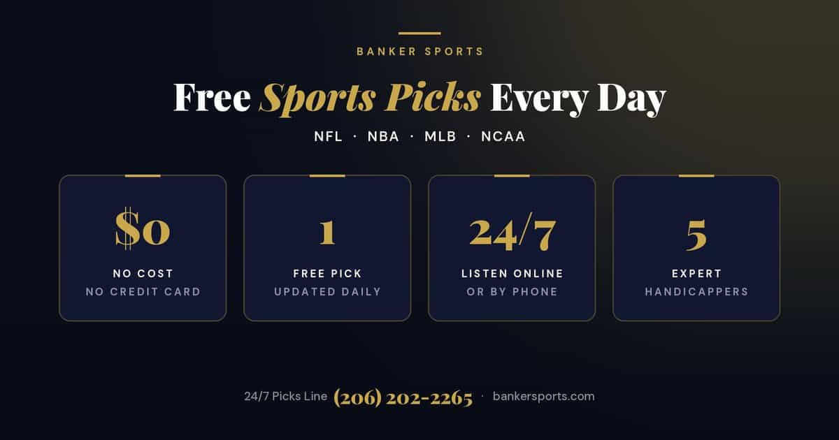 Free sports picks every day from Banker Sports: no cost, one free pick updated daily, listen online or by phone 24/7, from 5 expert handicappers